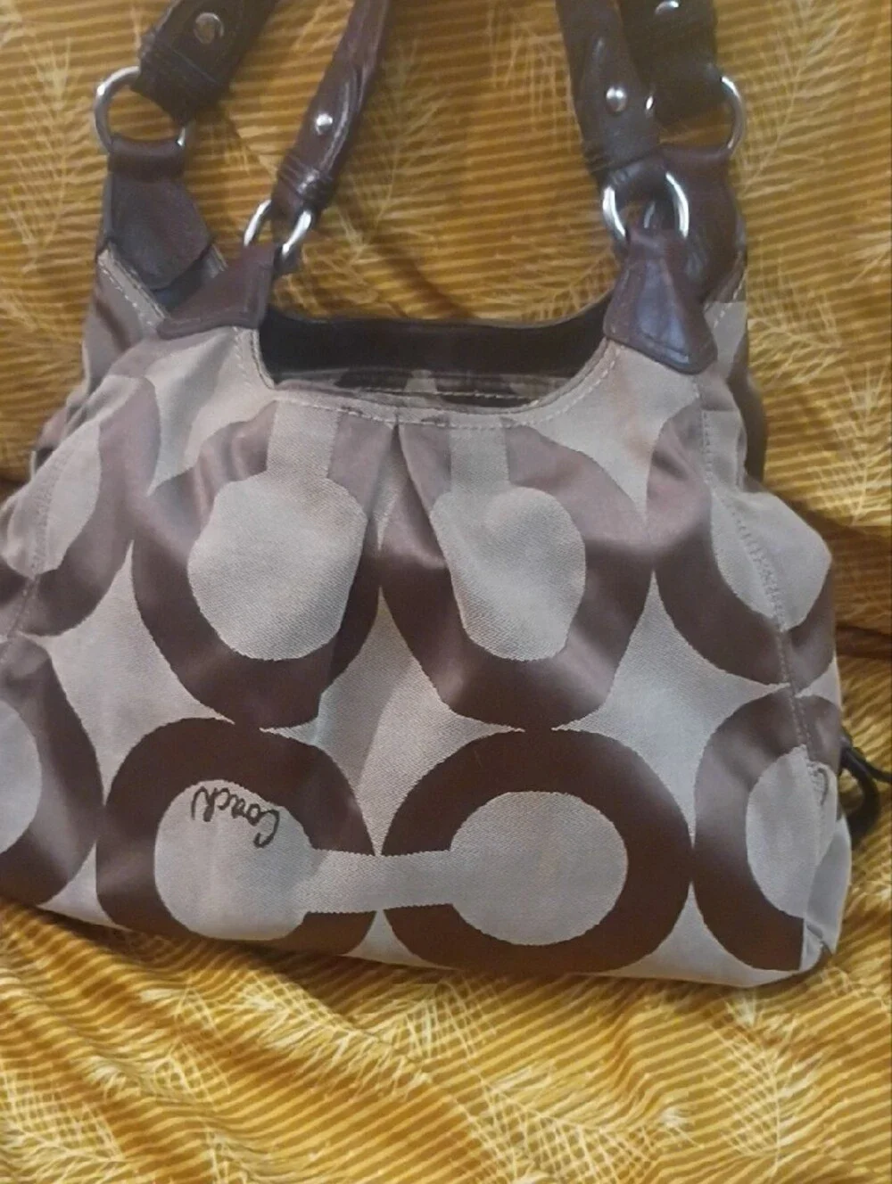 Coach Signature Hobo Bag in Taupe and Dark Brown